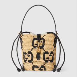 GUCCI Woven mini bucket bag Natural and black
