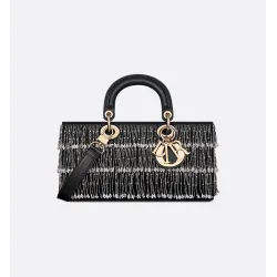 Black Satin with Fringe in Silver-Tone Beads and Strass
