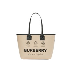 Burberry Label Print Cotton Medium London Tote Bag Beige Black Acrhive Beige