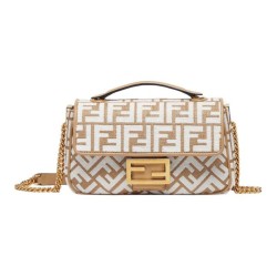 FENDI Baguette Woven Raffia Portable Crossbody Bag Brown White