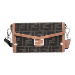 FENDI Baguette Cow Leather Polyester Handbag Crossbody Bag Shoulder Bag Men's Brown