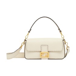 FENDI Baguette Calfskin Portable Crossbody Bag Shoulder Bag Medium Size Women's Camellia White