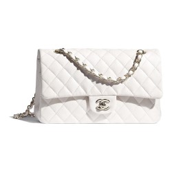 CHANEL Classic Flap CF Textured Calfskin Chain White